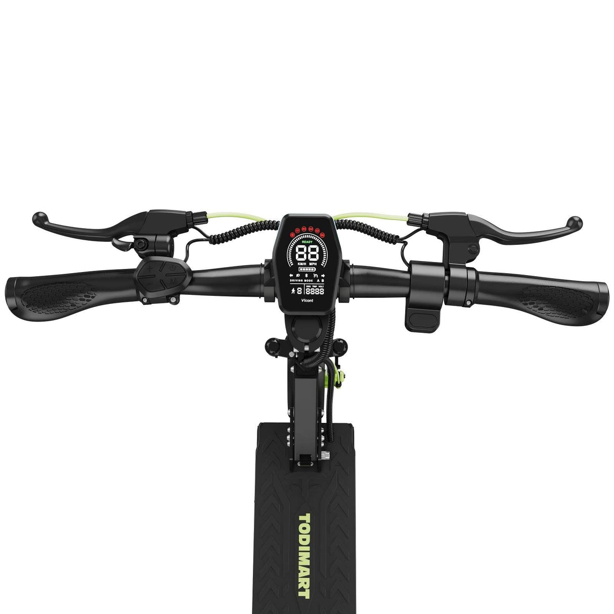 Front view of an electric scooter handlebar with a central digital display, brake levers on both sides, and rubber grips, shown against a plain white background