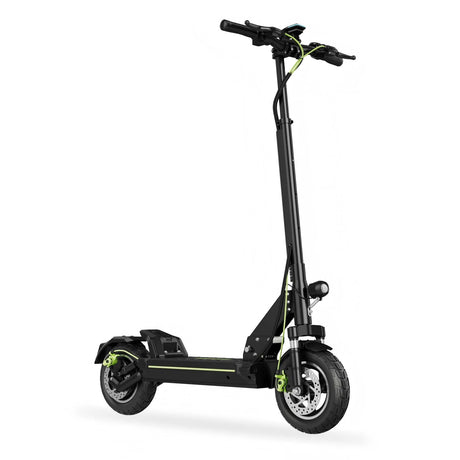 Electric scooter side view on a white background featuring a black foldable frame, large front and rear wheels, visible brake system, and handlebar with wiring and display, designed for urban commuting and electric mobility