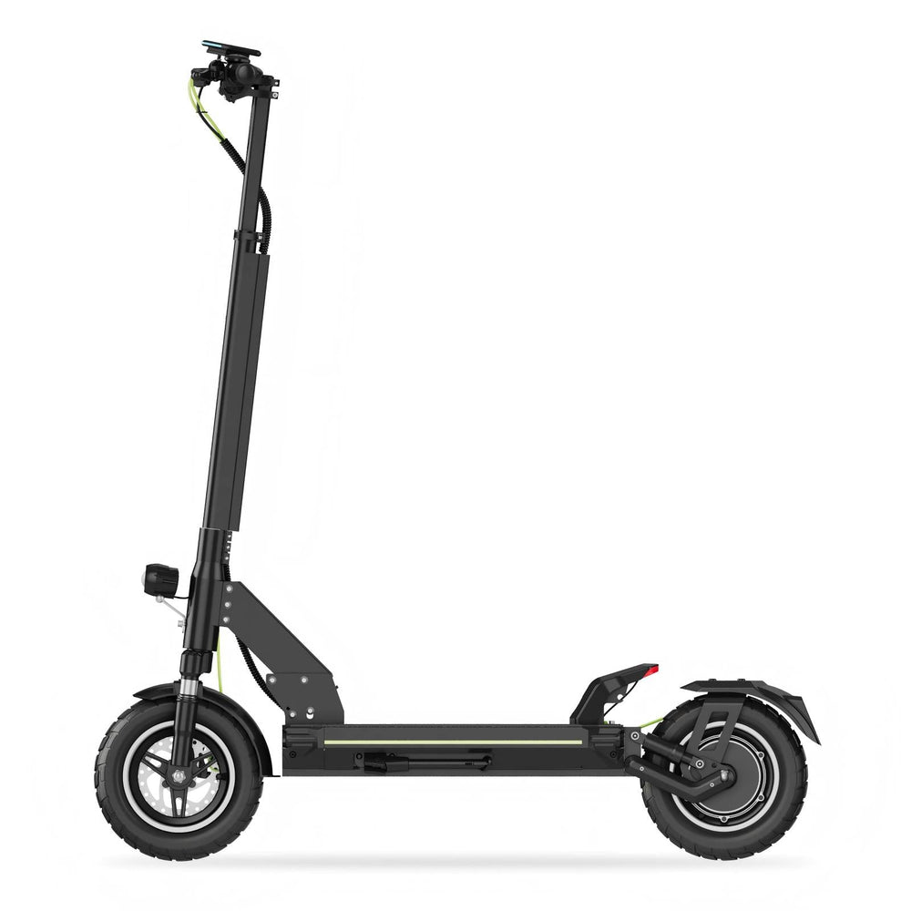 TODIMART electric scooter black and green, side view, dual suspension, disc brake system, city commuter e-scooter