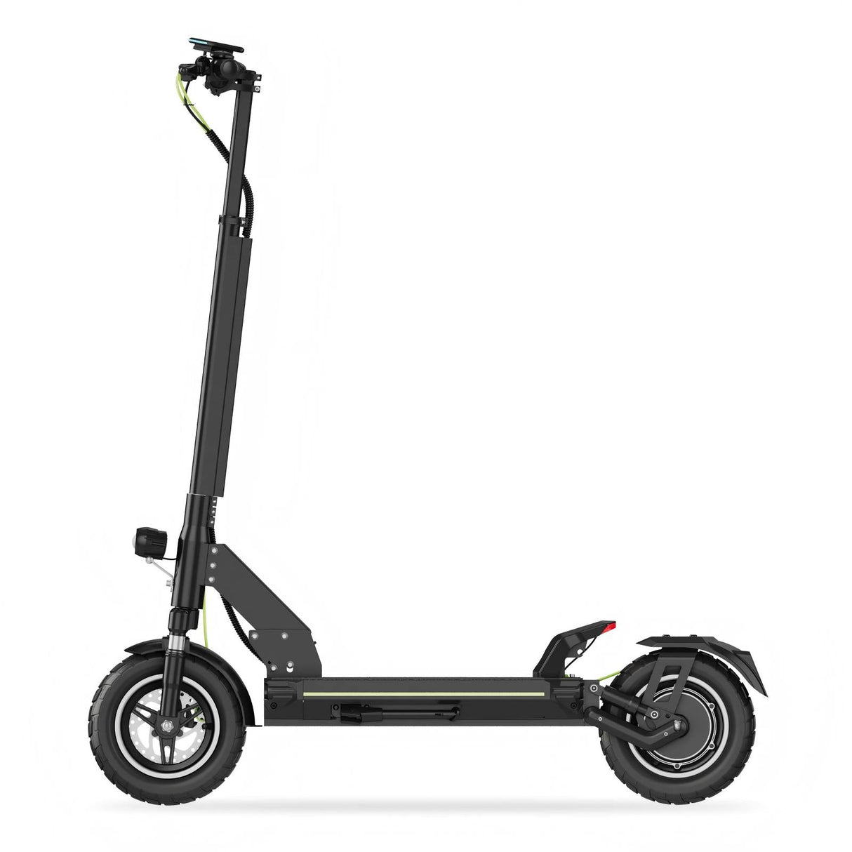 TODIMART electric scooter black and green, side view, dual suspension, disc brake system, city commuter e-scooter
