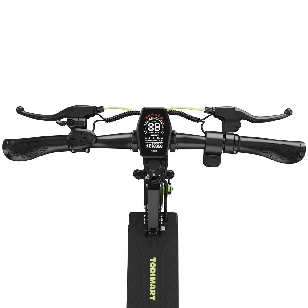 Front view of an electric scooter handlebar with a central digital display, brake levers on both sides, and rubber grips, shown against a plain white background