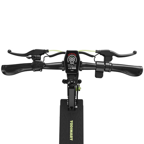 Front view of an electric scooter handlebar with a central digital display, brake levers on both sides, and rubber grips, shown against a plain white background