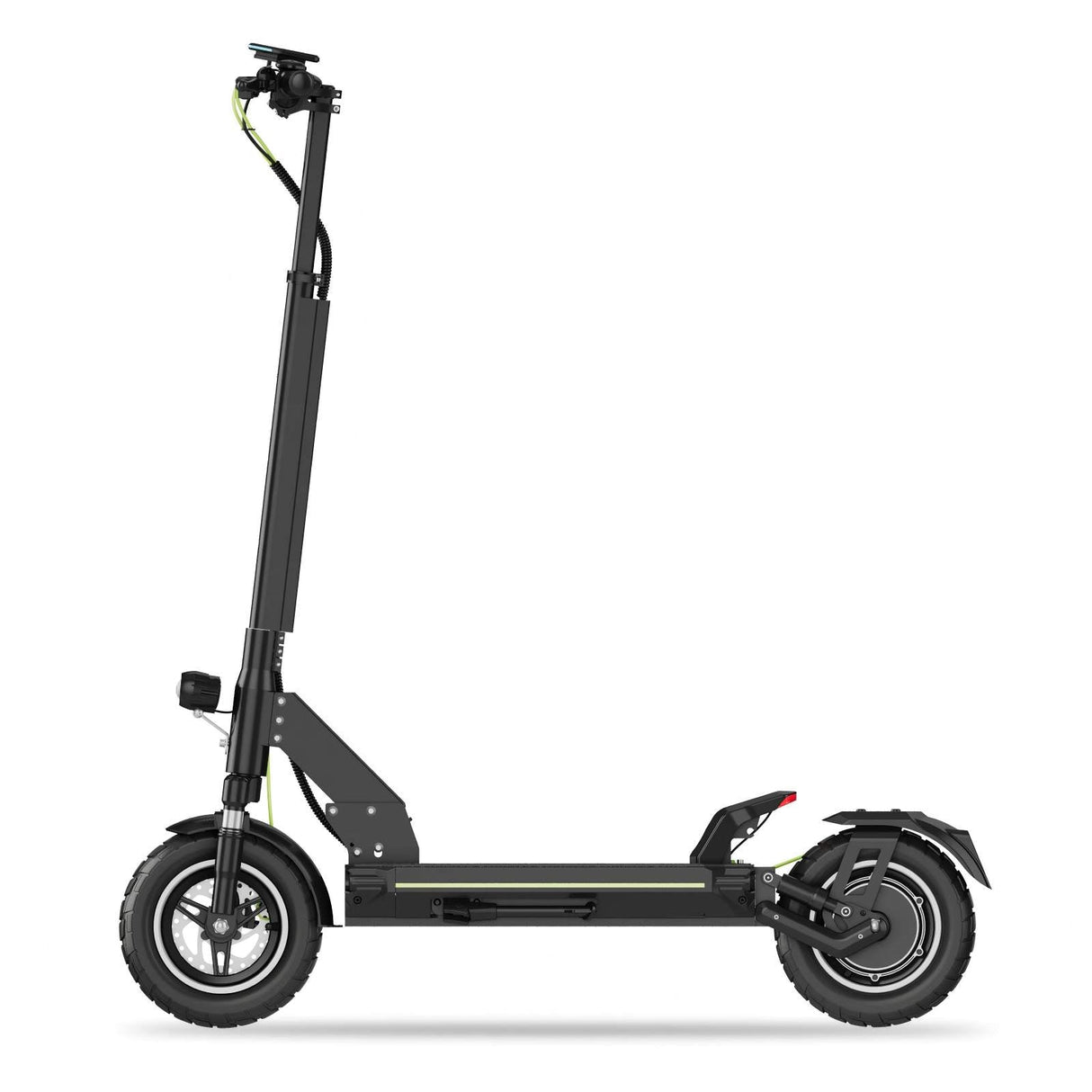 TODIMART-D5 electric scooter: Black e-scooter (rugged tires, dual suspension) – minimalist studio background – ideal for urban commuting